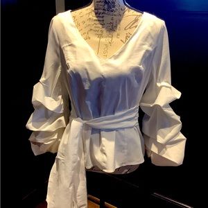 White cotton wrap blouse with rouched sleeves